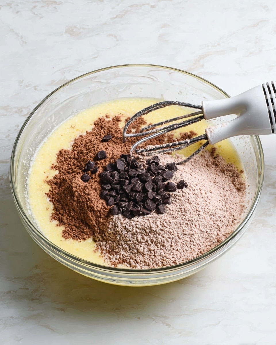 A clear glass bowl sits on a white marbled surface, filled with several layers of ingredients. The bottom layer is pale yellow wet batter with a smooth texture. On top, there is a large mound of light brown cocoa powder, partially covering the batter. Nestled in the middle of the cocoa powder is a cluster of dark brown chocolate chips. Two silver beaters from a white electric hand mixer rest inside the bowl, slightly covered with batter, ready to blend the ingredients. Photo taken with an iphone --ar 4:5 --v 7