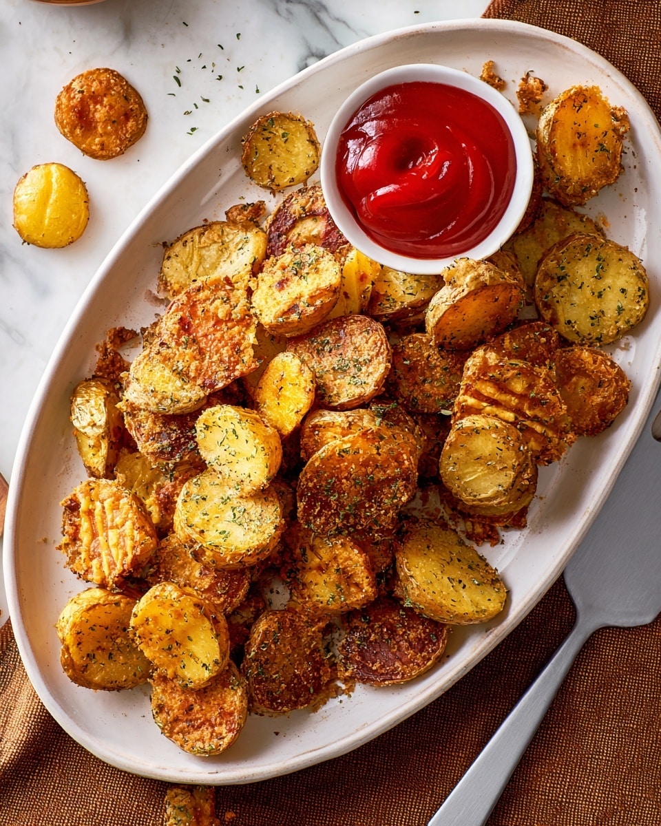 A white oval plate with crispy, golden-brown sliced potatoes seasoned with herbs, some pieces having a crunchy, slightly darker edge, and a few whole small potatoes scattered around. The potatoes show a textured surface with crosshatched cuts on top that add detail. A small white bowl filled with bright red ketchup sits at the upper left of the plate, with one potato piece partially dipped in it. The plate rests on a white marbled surface alongside a silver spatula on the right and a brown cloth underneath the plate’s bottom edge. Photo taken with an iphone --ar 4:5 --v 7
