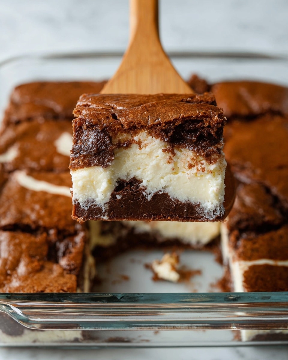A square piece of dessert is held on a wooden spatula above a glass baking dish containing more pieces of the same dessert. The dessert has two visible layers: the top layer is thick and dark brown with a slightly rough texture, while the bottom layer is lighter, creamy white, and looks soft and moist. The glass dish sits on a white marbled surface, and the dessert appears freshly baked with some cracks on the surface. Photo taken with an iphone --ar 4:5 --v 7