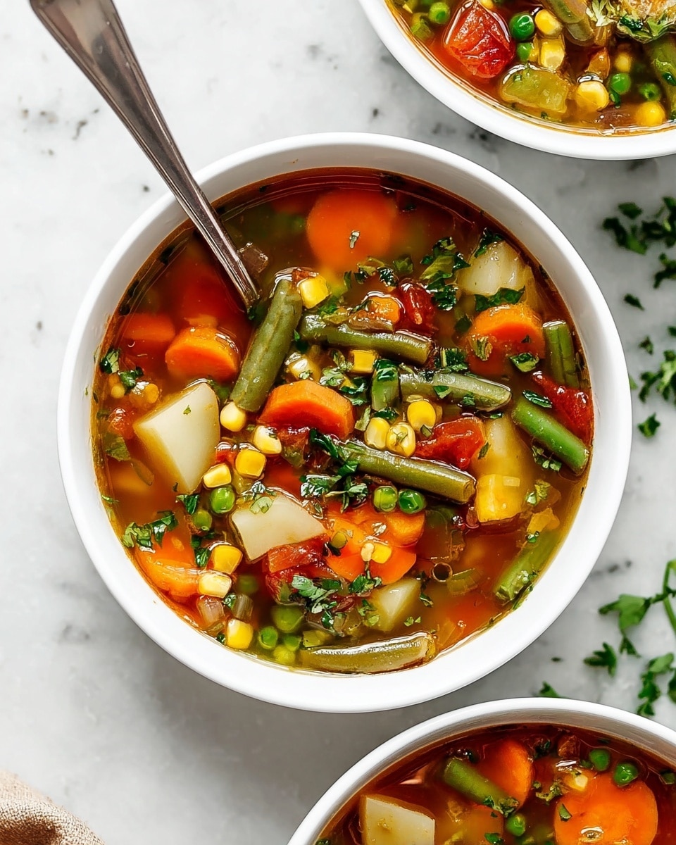 The image shows a white bowl filled with vegetable soup, placed on a white marbled surface. The soup has multiple layers of colorful ingredients in a clear broth: bright orange carrot chunks, green beans, peas, yellow corn kernels, diced white potatoes, diced onions, and red tomato pieces. Fresh green herbs are sprinkled on top, adding a fresh touch. A silver spoon rests inside the bowl, partially submerged in the soup. Part of another white bowl with the same soup is visible at the top right corner, and some fresh green herbs are nearby on the surface. photo taken with an iphone --ar 4:5 --v 7