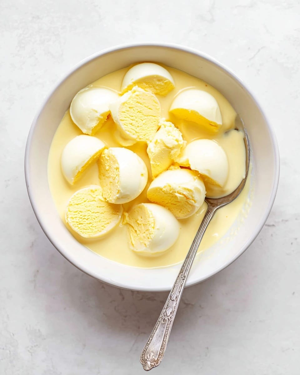 A white bowl sits on a white marbled surface, filled with a creamy pale yellow sauce. On top of the sauce are about ten hard-cooked egg halves, with smooth pale yellow yolks and slightly textured white edges. Some eggs are stacked on others, creating a two-layer effect. A silver spoon with an ornate handle rests inside the bowl, partially covered by the eggs. The overall look is soft and smooth with light yellow and off-white tones. photo taken with an iphone --ar 4:5 --v 7