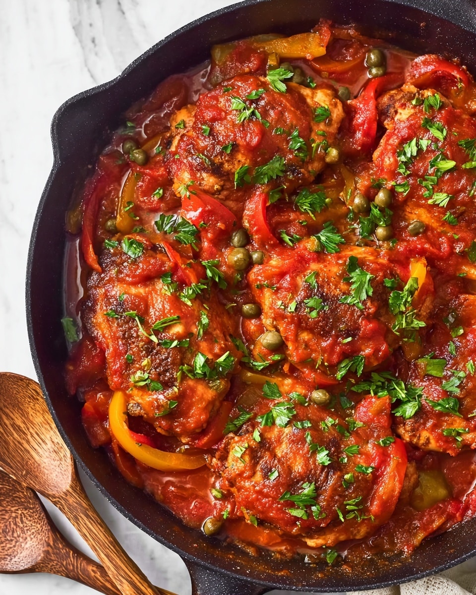 The image shows a black cast-iron pan filled with five pieces of browned meat sitting in thick, chunky red tomato sauce. The sauce has visible pieces of orange carrot sticks and yellow bell pepper strips. Small green capers and fresh chopped green parsley leaves are scattered on top, adding contrast. The texture of the sauce looks rich and slightly oily, surrounding the meat evenly. The pan is placed on a surface with a white marbled texture. photo taken with an iphone --ar 4:5 --v 7