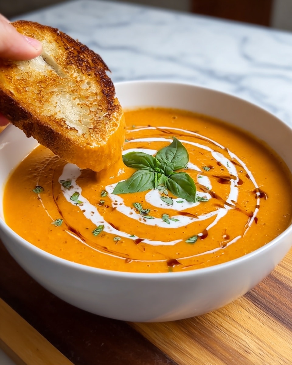 A white bowl filled with smooth orange soup with a creamy texture, topped with circular swirls of white cream and a drizzle of darker sauce. In the center, there are fresh green basil leaves resting on the soup. A woman's hand is dipping a piece of toasted bread with a golden-brown crust into the soup. The bowl is placed on a wooden surface with a white marbled texture background. Photo taken with an iphone --ar 4:5 --v 7