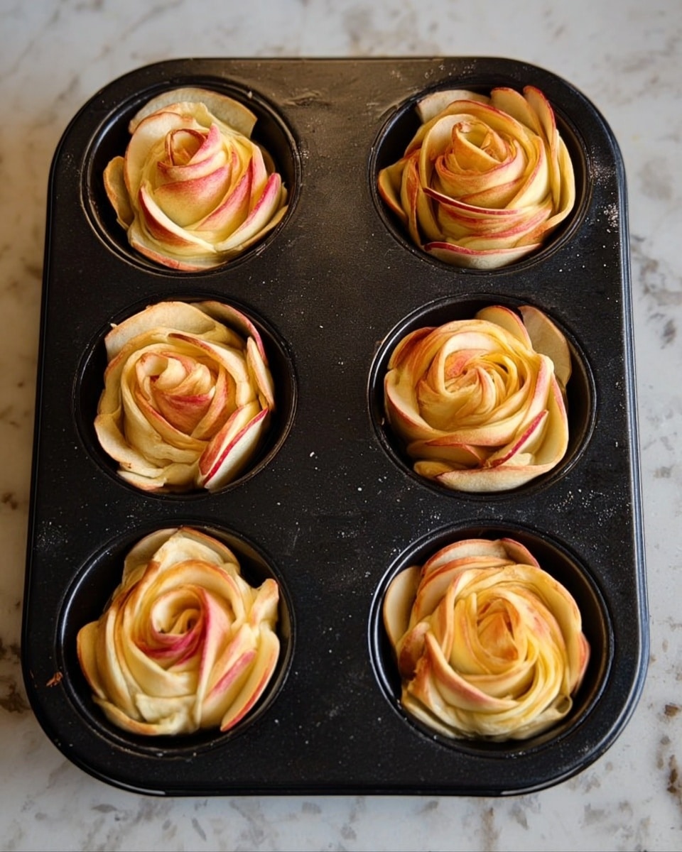 The image shows six rose-shaped pastries arranged in a black muffin tray. Each pastry has multiple thin layers of dough and apple slices, with the apple skins showing a red and light yellow gradient, forming the petals of each rose. The dough is light golden in color and slightly flaky, curling softly to create the shape of the rose petals. The muffins are evenly spaced and placed on a white marbled surface. The photo taken with an iphone --ar 4:5 --v 7