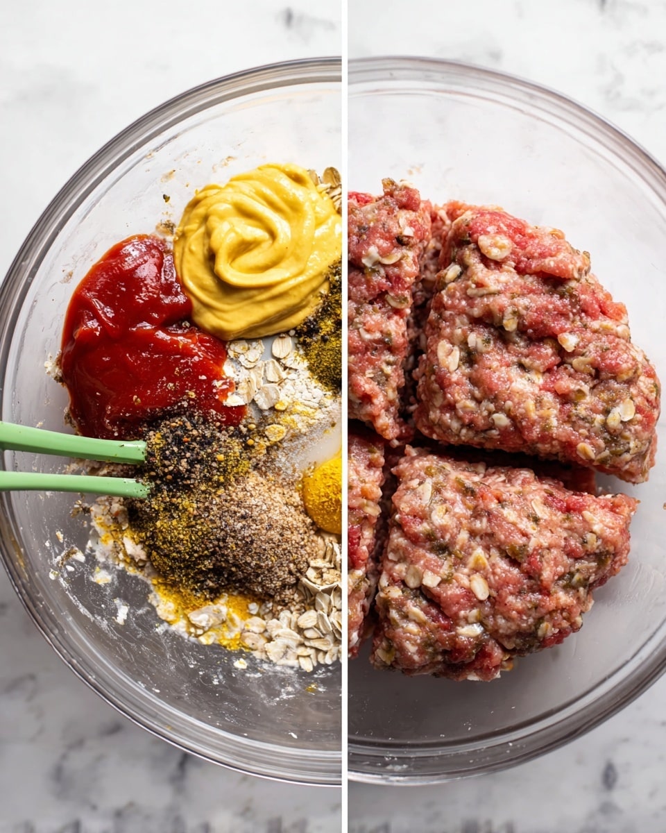 The image shows two parts: on the left, a clear bowl filled with raw ground meat, yellow mustard swirled on top, red ketchup, black pepper, oats, and what looks like a beaten egg, all sitting unmixed with a green spatula resting inside the bowl; on the right, the ingredients are mixed into a round, flat meat mixture with visible oats, divided into four equal parts, still inside the same clear bowl, placed on a white marbled surface. photo taken with an iphone --ar 4:5 --v 7