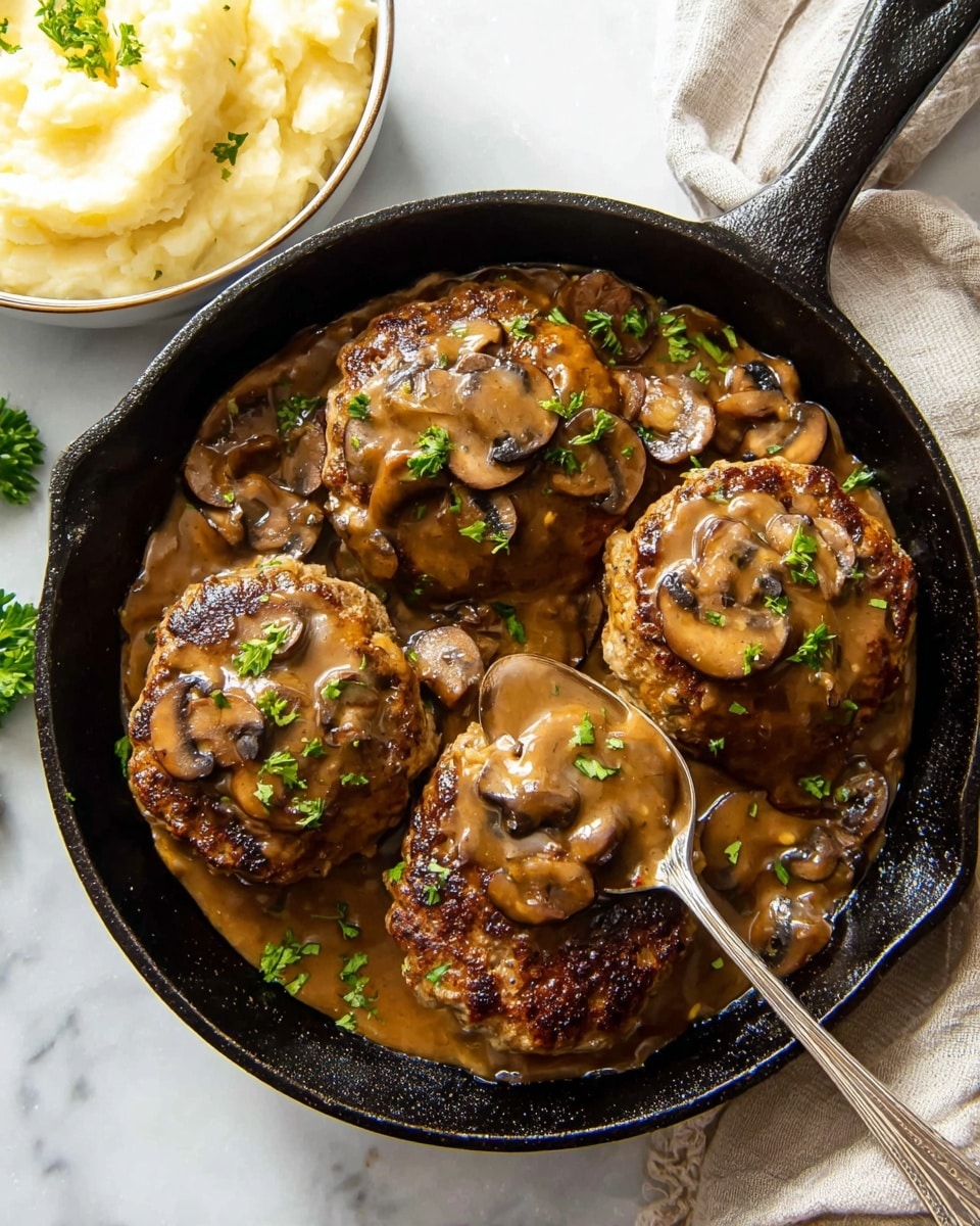 A black cast iron skillet holds four browned patties, each covered with a thick layer of brown mushroom sauce that includes sliced mushrooms and small green parsley leaves scattered on top. One patty is being scooped with a silver spoon. In the top left corner, there is a white bowl filled with creamy mashed potatoes. The whole scene is set on a white marbled surface. Photo taken with an iphone --ar 4:5 --v 7