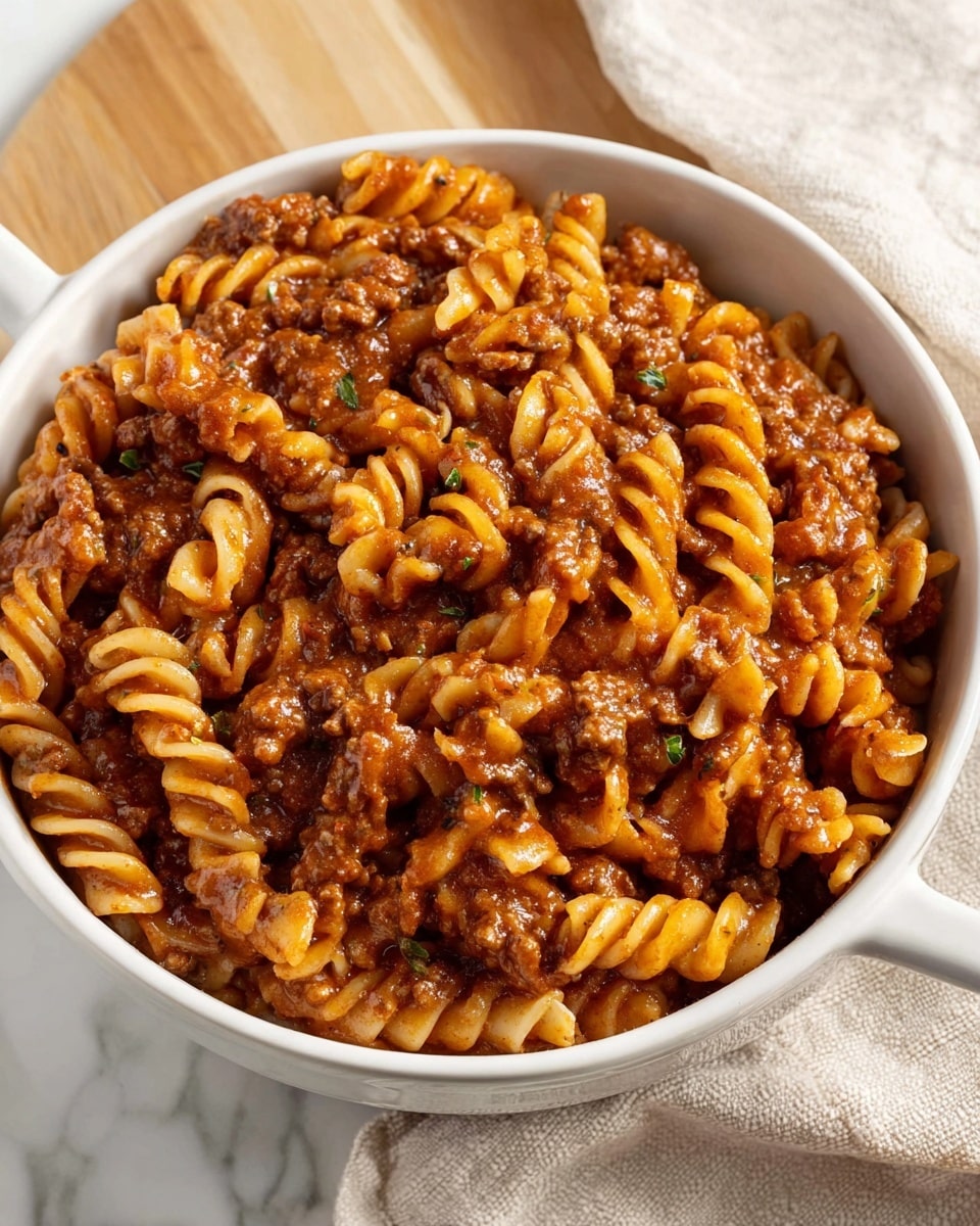 A close-up of a white bowl filled with thick rotini pasta mixed with rich, brown meat sauce. The sauce coats the pasta evenly, showing a glossy texture with visible small chunks of ground meat. The pasta spirals sit tightly packed inside the bowl, and the bowl handles appear on each side. The bowl is set on a white marbled surface with a light beige cloth nearby. Photo taken with an iphone --ar 4:5 --v 7