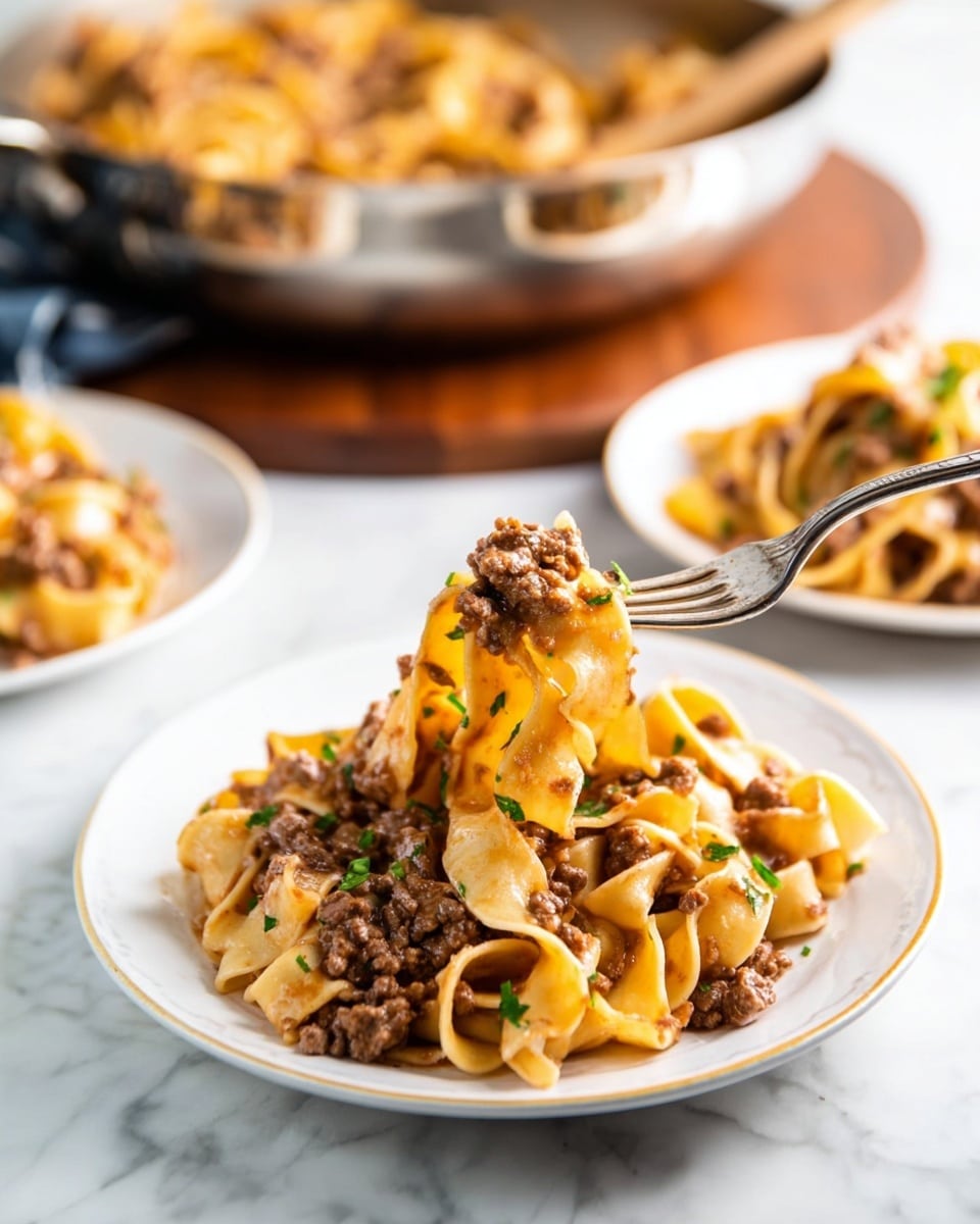 A white plate holds a serving of wide, flat egg noodles mixed with small pieces of browned meat sauce, topped with chopped green herbs for color. On the right, two more white plates with similar servings sit slightly out of focus. In the front, a silver fork lifts a bite of noodles and meat, seen close up. Behind the plates, there is a large silver pan filled with the same noodle and meat mixture, sitting on a wooden surface. The whole scene is set on a white marbled surface. photo taken with an iphone --ar 4:5 --v 7