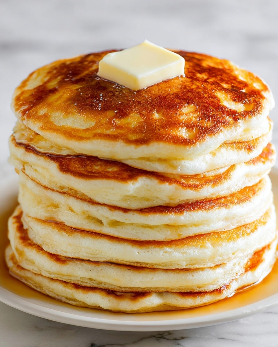 A tall stack of six thick pancakes with a golden-brown top layer showing a slightly shiny texture. Each pancake layer has a soft, fluffy white underside with some light browning on the edges. On top of the stack, there is a small square of melting butter with a smooth, creamy texture. The stack sits on a white plate placed on a white marbled surface. The photo taken with an iphone --ar 4:5 --v 7