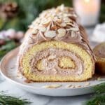 Almond Swiss Roll with Chocolate Amaretto Frosting and Toasted Almond Garnish Recipe