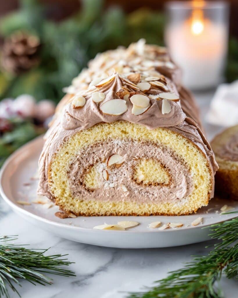 Almond Swiss Roll with Chocolate Amaretto Frosting and Toasted Almond Garnish Recipe
