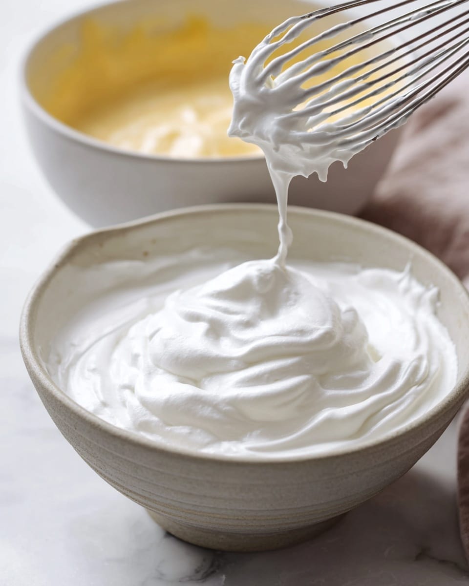 A close-up image of a white ceramic bowl filled with thick, fluffy whipped egg whites. The whipped whites form soft, shiny peaks with a smooth, airy texture. Above the bowl, a metallic whisk with traces of the whipped mixture drips slightly back into the bowl. Behind it, another ceramic bowl containing a blurred yellow mixture sits on a white marbled surface, adding soft contrast. The overall color palette is light and neutral, highlighting the white foam against soft beige and gray tones in the bowls and background. photo taken with an iphone --ar 4:5 --v 7