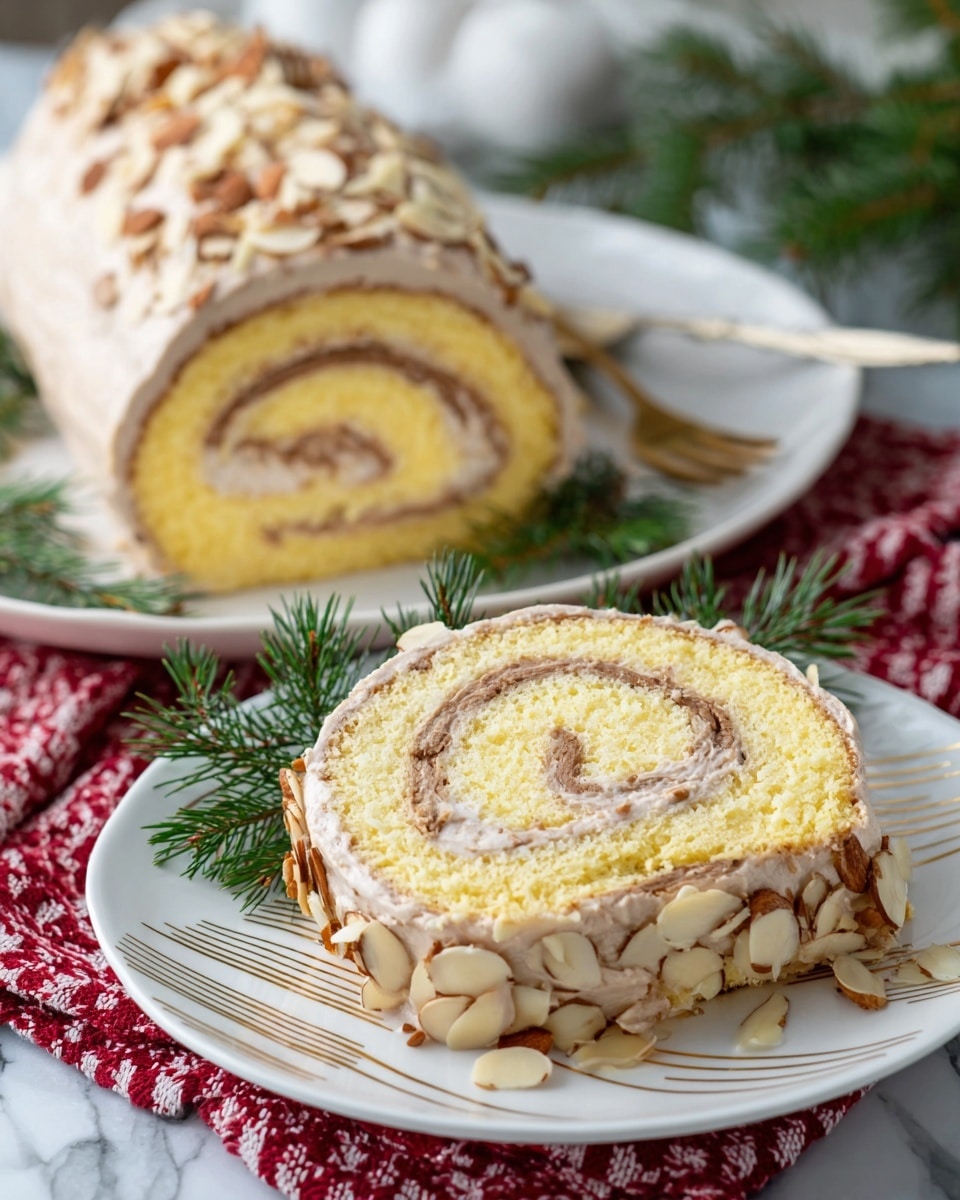The image shows a yellow cake roll with two main layers: a light yellow sponge cake layer wrapped around a light brown creamy filling, forming a spiral pattern. The outside of the cake roll is covered with the same light brown cream and topped with sliced almonds, adding texture and color contrast. One thick slice is placed on a white plate with gold lines, and the whole roll rests on a white plate decorated with small green pine twigs. The background has a white marbled surface and a red-and-white cloth underneath the plates. Photo taken with an iphone --ar 4:5 --v 7