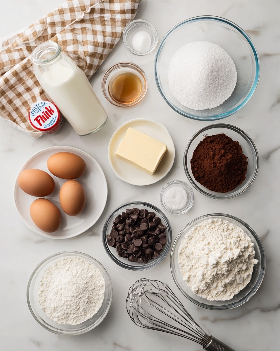 The image shows various baking ingredients neatly arranged on a white marbled surface. Starting from the top left, there is a beige and white checkered cloth, next to a small clear glass bottle filled with milk. Moving right, a large clear glass bowl contains white granulated sugar, beside a small clear bowl with light brown liquid, likely vanilla extract. Below these, four brown eggs are set in a white egg holder, with several small clear bowls containing white powdery baking soda, baking powder, and salt scattered around. In the middle, a medium clear bowl holds dark brown cocoa powder, while directly below it, a white plate has a square block of butter. Adjacent to the butter, another medium clear bowl is filled with white flour, and to its right, a similar bowl contains dark chocolate chips. At the bottom, a large clear bowl of white powdered sugar sits beside a metal whisk. To the left edge, a jar of Marshmallow Fluff with a red lid is tilted slightly. photo taken with an iphone --ar 4:5 --v 7