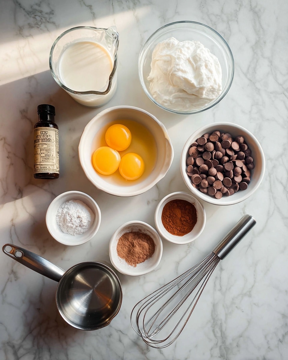 The image shows several baking ingredients arranged neatly on a white marbled surface. At the top left, there is a clear glass measuring cup filled with milk, next to it on the right is a clear glass bowl with thick white cream. Below these, slightly left is a white bowl holding three raw eggs with bright yellow yolks. To the right of the eggs, there is a small white bowl with a reddish-brown powder, and below that, a larger white bowl filled with smooth, round chocolate chips. Near the bottom center are two small white connected bowls; the one on the left contains a white powder while the one on the right holds a brown powdered spice. To the left bottom corner, there is a small shiny metal saucepan, and to the right bottom corner is a large metal whisk. A small dark bottle with a vintage-looking label is placed towards the left side. All items are arranged on the white marbled background with warm lighting. Photo taken with an iphone --ar 4:5 --v 7