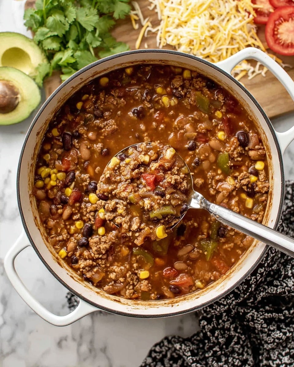 A large white pot filled with thick chili showing many layers: a mix of light and dark brown cooked ground meat, beans in different shades of brown and black, bright yellow corn, and small pieces of red and green peppers. A metal ladle is scooping a portion of the chili, showing the chunky mix of beans, corn, meat, and vegetables. The pot sits on a white marbled surface with a wooden board holding shredded pale yellow cheese and some sliced tomatoes, half of a green avocado, and a bunch of green cilantro leaves nearby. A black and white patterned cloth is partially seen on the right side. photo taken with an iphone --ar 4:5 --v 7