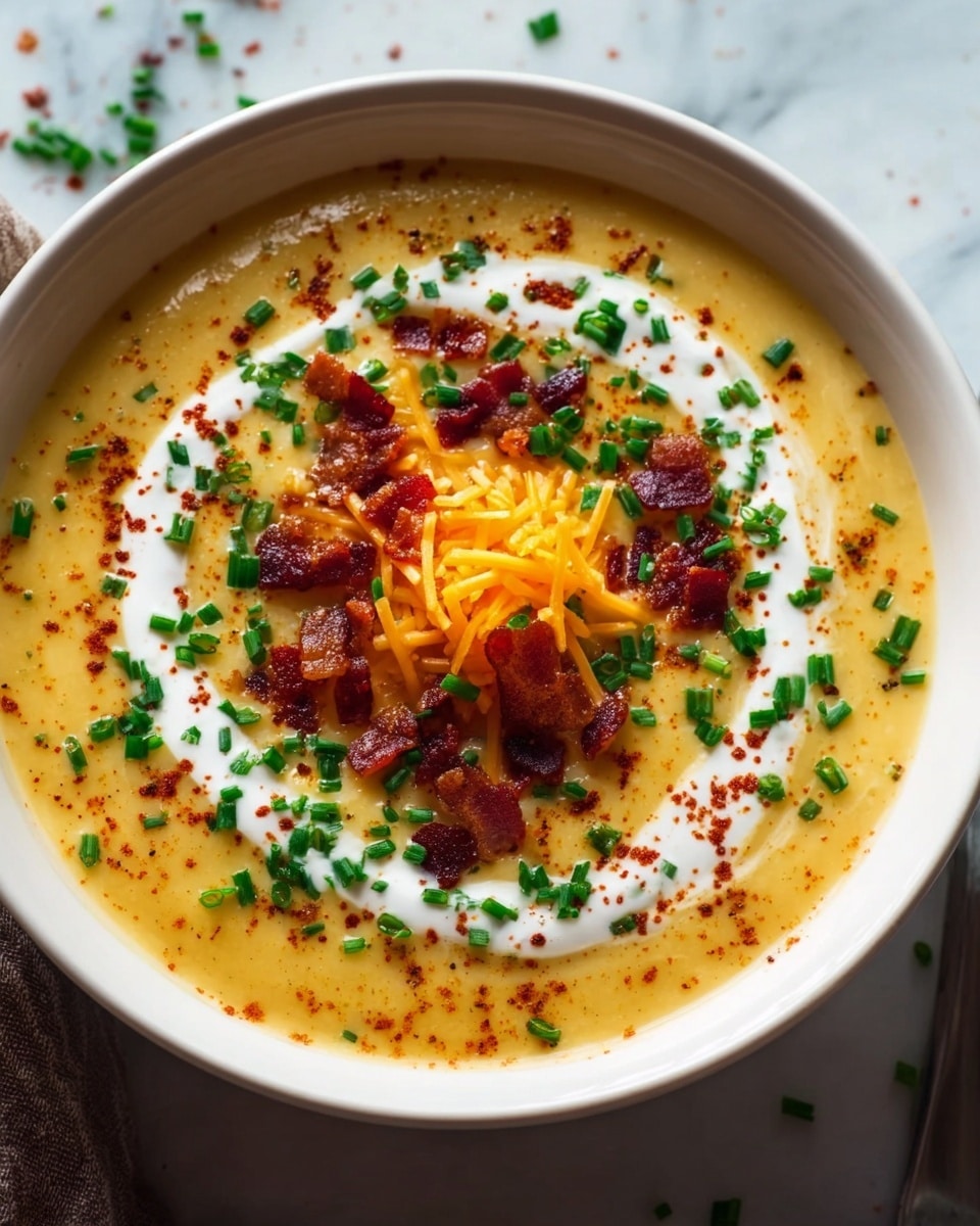 A white bowl filled with a thick, creamy yellow soup sits on a white marbled surface. The soup is topped with a round swirl of white cream that spreads near the edges. In the center, there is a small pile of bright orange shredded cheese layered with crispy dark red bacon bits scattered over it. Small green chopped chives are sprinkled all over the soup, along with some red powder seasoning. The whole dish looks warm and inviting. Photo taken with an iphone --ar 4:5 --v 7