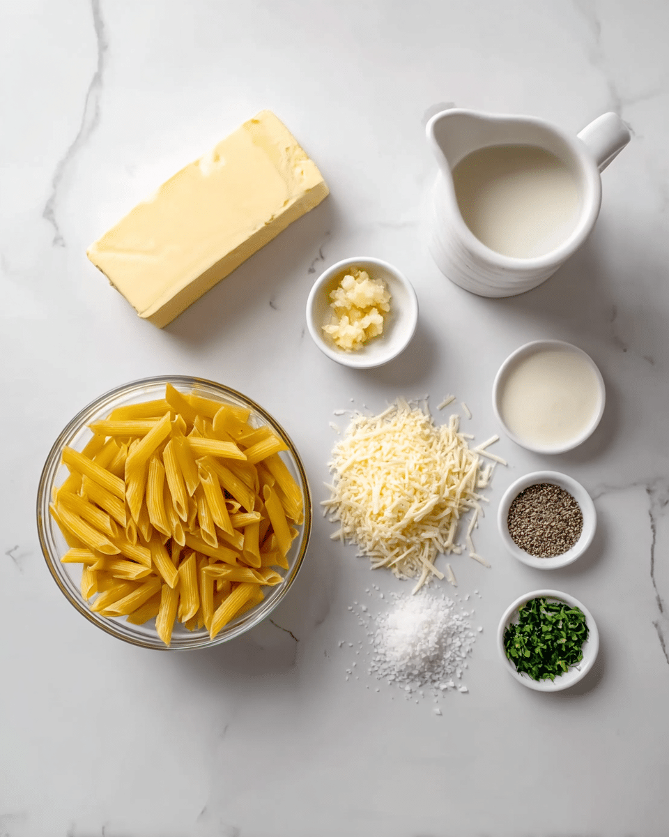 The image shows raw ingredients arranged neatly on a white marbled surface. At the bottom left, there is a clear white bowl filled with dry yellow penne pasta. Above it, there is a pale yellow rectangular block of butter. To the right of the butter, two small white bowls contain finely minced garlic and ginger. Further to the right, a small white pitcher holds a creamy white liquid, likely milk or cream. Below the pitcher, there is a small pile of grated pale yellow cheese. Below the cheese, three small piles of seasoning are placed in a row from left to right: white salt, black pepper, and two small piles of chopped green herbs. The arrangement is clean and minimal, with the colors mainly yellow, white, and green standing out against the light background. photo taken with an iphone --ar 4:5 --v 7