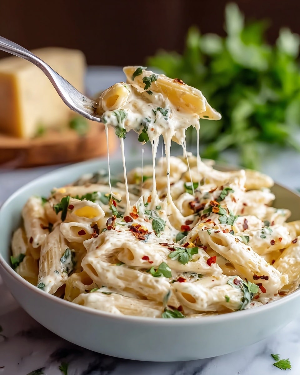 A close-up of a white bowl filled with creamy penne pasta mixed with a thick white cheese sauce, garnished with chopped green herbs and red chili flakes sprinkled on top. The pasta pieces are coated evenly, with some long strands of melted cheese pulling up from a fork lifting a portion above the bowl. The bowl is placed on a white marbled surface with a blurred background of green herbs and a block of cheese in soft focus. photo taken with an iphone --ar 4:5 --v 7