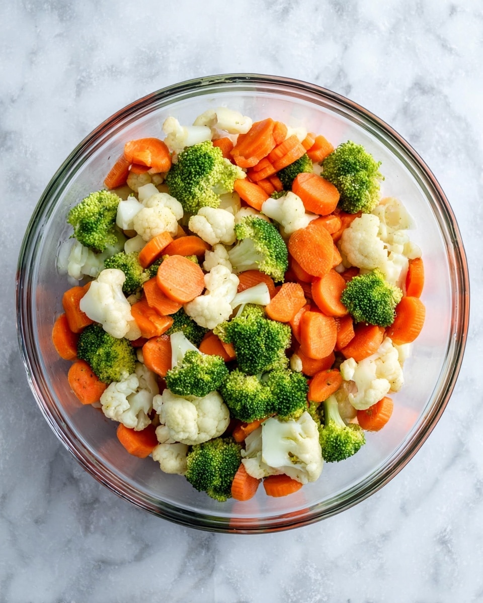 A clear glass bowl sits on a white marbled surface filled with three layers of mixed vegetables: bright green broccoli florets, white cauliflower pieces with a bumpy texture, and evenly sliced orange carrots with ridged edges. The vegetables are mixed together, showing a fresh and colorful combination with the tender textures clearly visible. Photo taken with an iphone --ar 4:5 --v 7