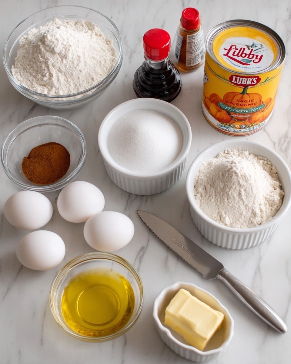 The image shows various baking ingredients neatly arranged on a white marbled surface. There are small clear glass bowls filled with white flour, granulated white sugar, and powdered sugar; a small white ramekin holding a stick of pale yellow butter; another white ramekin with a blend of brown cinnamon, white baking soda, and white flour; four whole white eggs placed in front of the bowls; a small clear bowl with yellow oil; a metal butter knife with a silver handle; a can of Libby's bright orange pumpkin with yellow and red labeling, and a small dark bottle of vanilla extract with a red cap. All items are set close together, clearly displayed in a well-lit setting, photo taken with an iphone --ar 4:5 --v 7