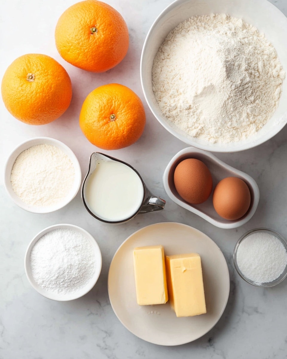 The image shows a top view of baking ingredients arranged on a white marbled surface. There are three bright orange oranges on the left side. A large white bowl filled with light, powdery flour is on the top right. Below it is a white bowl with three brown eggs. Next to the eggs is a small white plate holding two rectangular pieces of yellow butter. A metal measuring cup filled with white milk is placed on the left middle area. Two more white bowls hold fine white sugar and white powdered mix at the top corners. All the ingredients are neatly spaced, bright, and clear. photo taken with an iphone --ar 4:5 --v 7