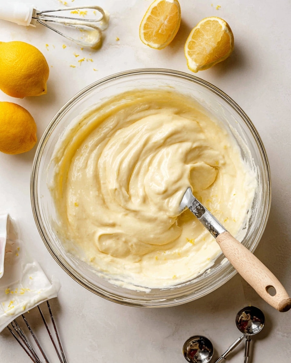 A large clear glass bowl filled with a thick, creamy pale yellow batter that has a smooth and slightly fluffy texture with small bits of lemon zest visible throughout. A spatula with a light wooden handle rests inside the bowl, partially covered with the batter. Surrounding the bowl are two squeezed lemon halves, a white lemon squeezer holding a juiced lemon, two electric beaters with some batter on them, and metal measuring spoons arranged on a white marbled surface. The arrangement looks clean and bright, emphasizing fresh ingredients and preparation. photo taken with an iphone --ar 4:5 --v 7