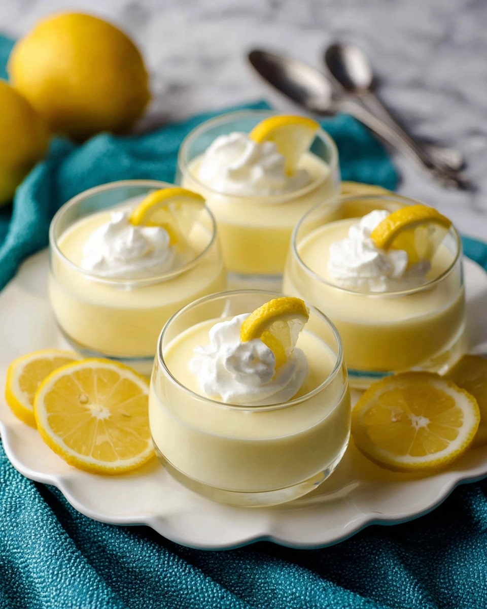 The image shows four small clear glass cups filled with a smooth, pale yellow lemon mousse. Each cup has a dollop of white whipped cream on top with a small curved lemon slice placed in the cream. The cups are placed on a white plate with scalloped edges. Around the cups on the plate are larger lemon slices, bright yellow with a juicy texture. The plate sits on a teal textured cloth, and in the blurred white marbled background, there is a whole lemon and a spoon visible. Photo taken with an iphone --ar 4:5 --v 7