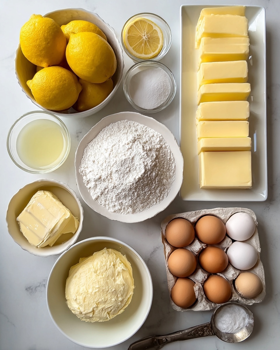 A white bowl filled with bright yellow lemons is placed on the upper left side of a white marbled surface, next to a small white bowl containing a small amount of white powder. To the right, there is a white rectangular dish lined with six thick light yellow slices of butter. Below the butter, a white cardboard carton holds twelve eggs, a mix of brown and white shells arranged in a neat grid. In the lower left corner, a white bowl holds a lump of pale yellow butter resting on white flour, while next to it is another white bowl heaped with fine white sugar. A sliced lemon half sits in a clear glass dish beside a whole lemon. A tiny white bowl with a small amount of pale yellow liquid and a measuring spoon with a tarnished metallic bowl sit on the lower right side. photo taken with an iphone --ar 4:5 --v 7