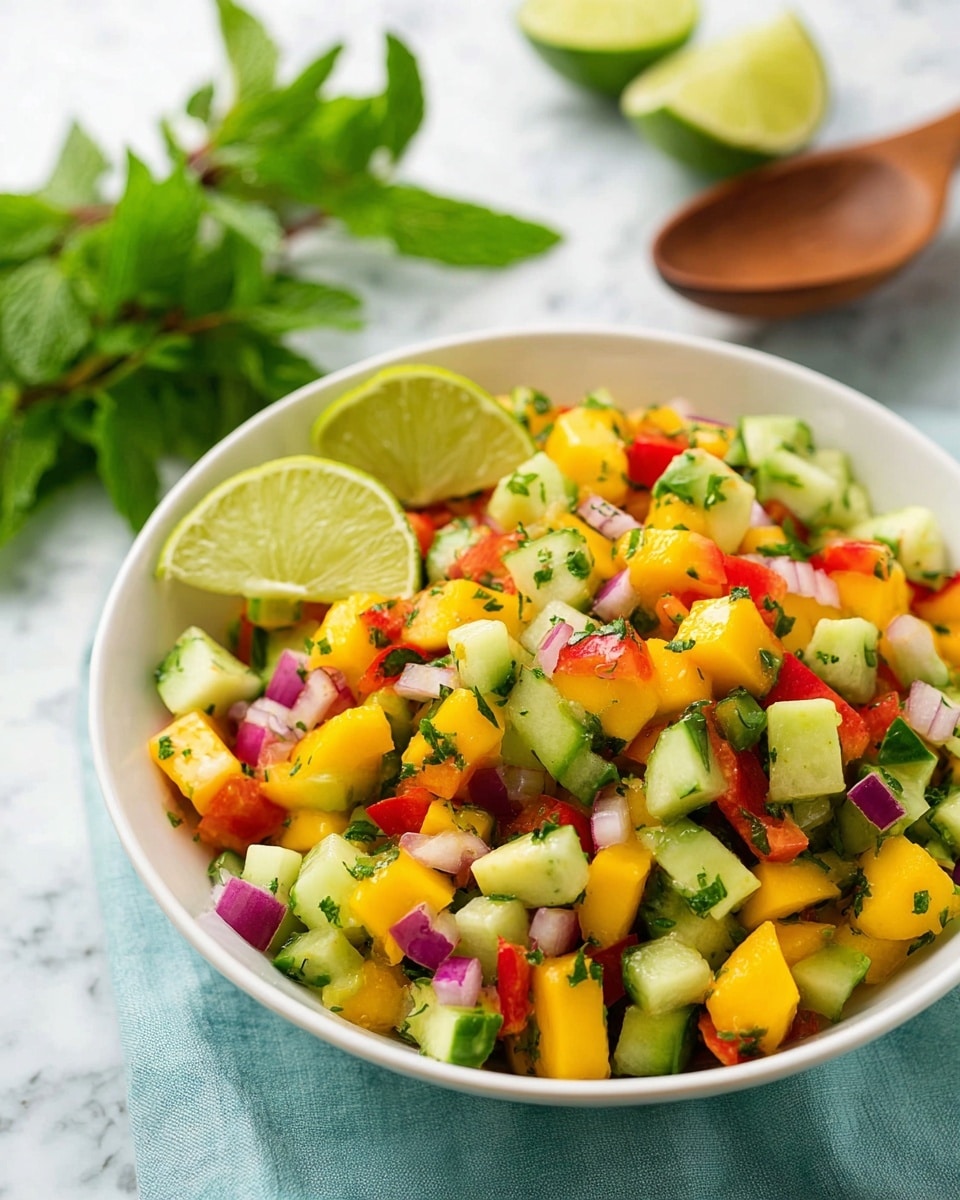 A white bowl filled with a colorful mix of diced mango, cucumber, red bell pepper, avocado, and red onion, all tossed with finely chopped green herbs. On top of the salad, there are two lime wedges positioned near the edge of the bowl. The bowl sits on a light blue cloth on a white marbled surface, with fresh green mint leaves and a wooden spoon blurred in the background. The salad looks fresh and vibrant, with bright yellows, greens, reds, and purples clearly visible. photo taken with an iphone --ar 4:5 --v 7