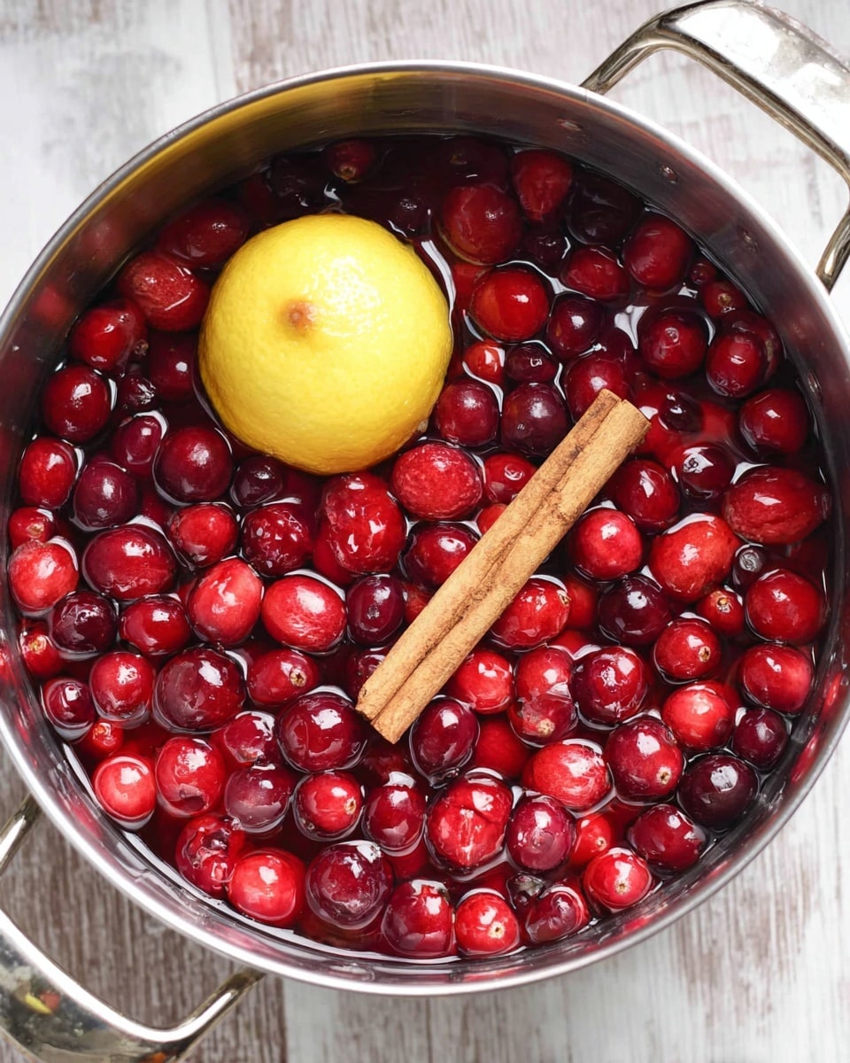 A metal pot filled with many shiny, red cranberries floating in clear liquid. Among the cranberries, there is one bright yellow lemon peel piece and a brown cinnamon stick resting on top. The pot is placed on a white marbled surface photo taken with an iphone --ar 4:5 --v 7