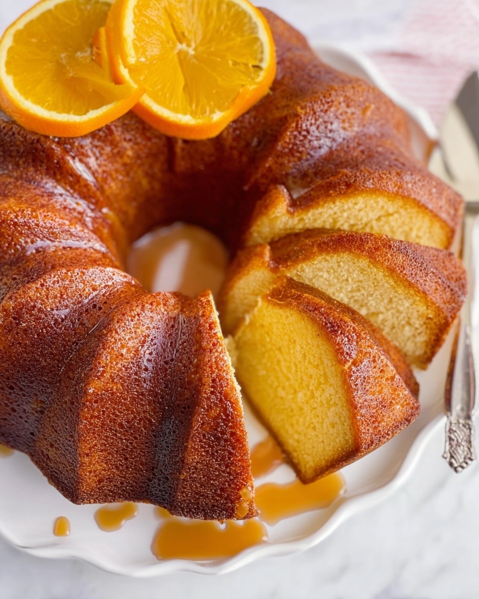 A single-layer, round bundt cake with a fluted, ridged pattern stands in the center of a white plate. The cake has a warm brown color with a slightly glossy, smooth surface. At the bottom middle hole of the cake, there is a small pool of light syrup. Around the cake on the white marble surface, there are three orange slices, one near the edge of the plate and two near the front side. To the upper left, a wooden lemon squeezer sits on a small wooden board with one whole orange and one half orange showing its bright orange interior. To the upper right, a small pale green bowl holds some light syrup with a spoon resting inside it. A jar of more syrup or juice is also partly visible in the upper right corner. A red and white striped cloth and a silver spoon are placed at the bottom left of the frame. Photo taken with an iphone --ar 4:5 --v 7