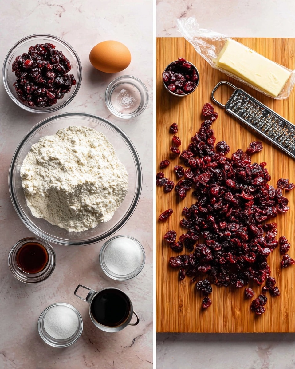 The image shows two sections side by side on a white marbled surface. On the left side, there is an arrangement of baking ingredients including a clear bowl filled with white flour in the center, a brown egg to the left, a small glass bowl with dark dried cranberries above the flour, a wrapped stick of butter above the cranberries, a metal zester with an orange resting on it to the right of the flour, a small glass bowl of white sugar below the flour, a metal measuring cup below the egg, and a small bowl of dark vanilla extract below the cranberries. On the right side, there is a wooden cutting board with finely chopped dark red dried cranberries scattered across it. The photo taken with an iphone --ar 4:5 --v 7
