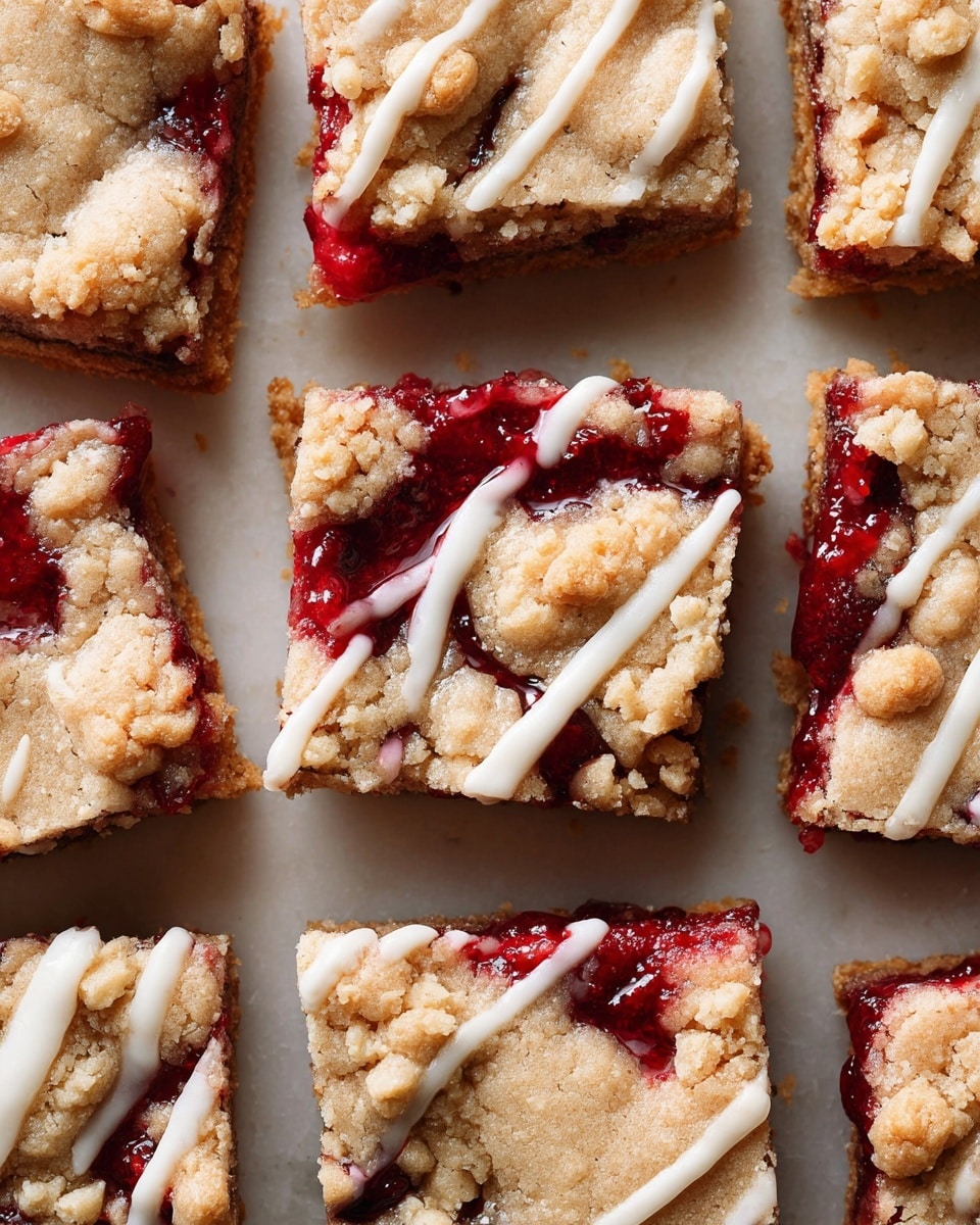 The image shows several square pieces of soft cookie bars with a rough, crumbly light tan top layer and a thick, bright red berry filling in the middle. Each piece has white icing drizzled randomly over the top, adding a smooth contrast to the crumbly texture. The bars are arranged in a close grid on a white marbled surface, showing the distinct layers and the juicy, chunky berry filling that peeks through cracks in the top. The lighting highlights the texture of the cookie and the shine of the syrupy red filling. photo taken with an iphone --ar 4:5 --v 7