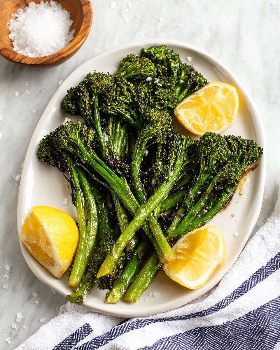 A white plate with a pile of roasted broccolini showing charred green stems and dark green florets stacked slightly overlapping in the center. Two bright yellow lemon slices are placed on the plate—one near the bottom left and another near the right side under the florets. A wooden bowl filled with white coarse salt sits behind the plate. On the right side, there is a folded white and blue striped cloth. The surface is a white marbled texture. photo taken with an iphone --ar 4:5 --v 7