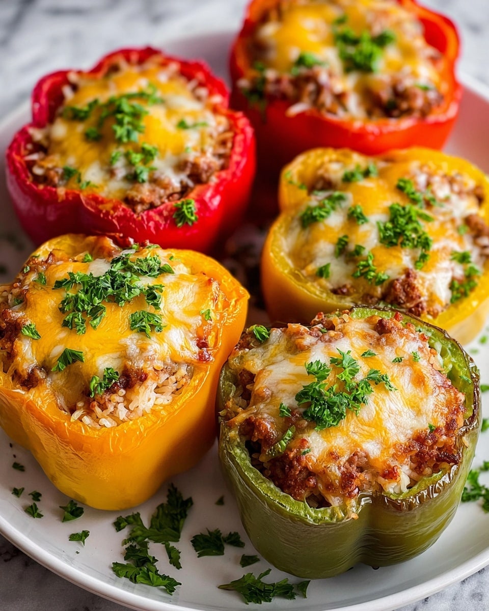 Five stuffed bell peppers arranged closely on a white plate, each pepper filled with a mixture of ground meat and rice, topped with melted yellow and white cheese. The peppers are in red, yellow, and green colors, with a slightly roasted texture on the edges. Sprinkled fresh green parsley leaves are spread evenly on top of the cheese and around the plate. The plate sits on a white marbled texture surface. photo taken with an iphone --ar 4:5 --v 7
