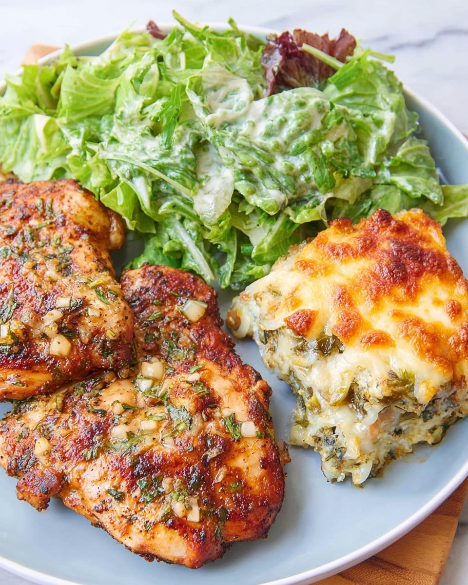 A white plate holds three sections: on the left two pieces of grilled chicken with a golden-brown, slightly crispy surface speckled with green herbs and small bits of garlic; in the middle a pile of fresh green salad leaves coated lightly in creamy dressing, giving a shiny look; on the right a serving of baked layered casserole topped with bubbling, golden melted cheese, showing layers of green and white inside. The plate is set on a white marbled texture. Photo taken with an iphone --ar 4:5 --v 7