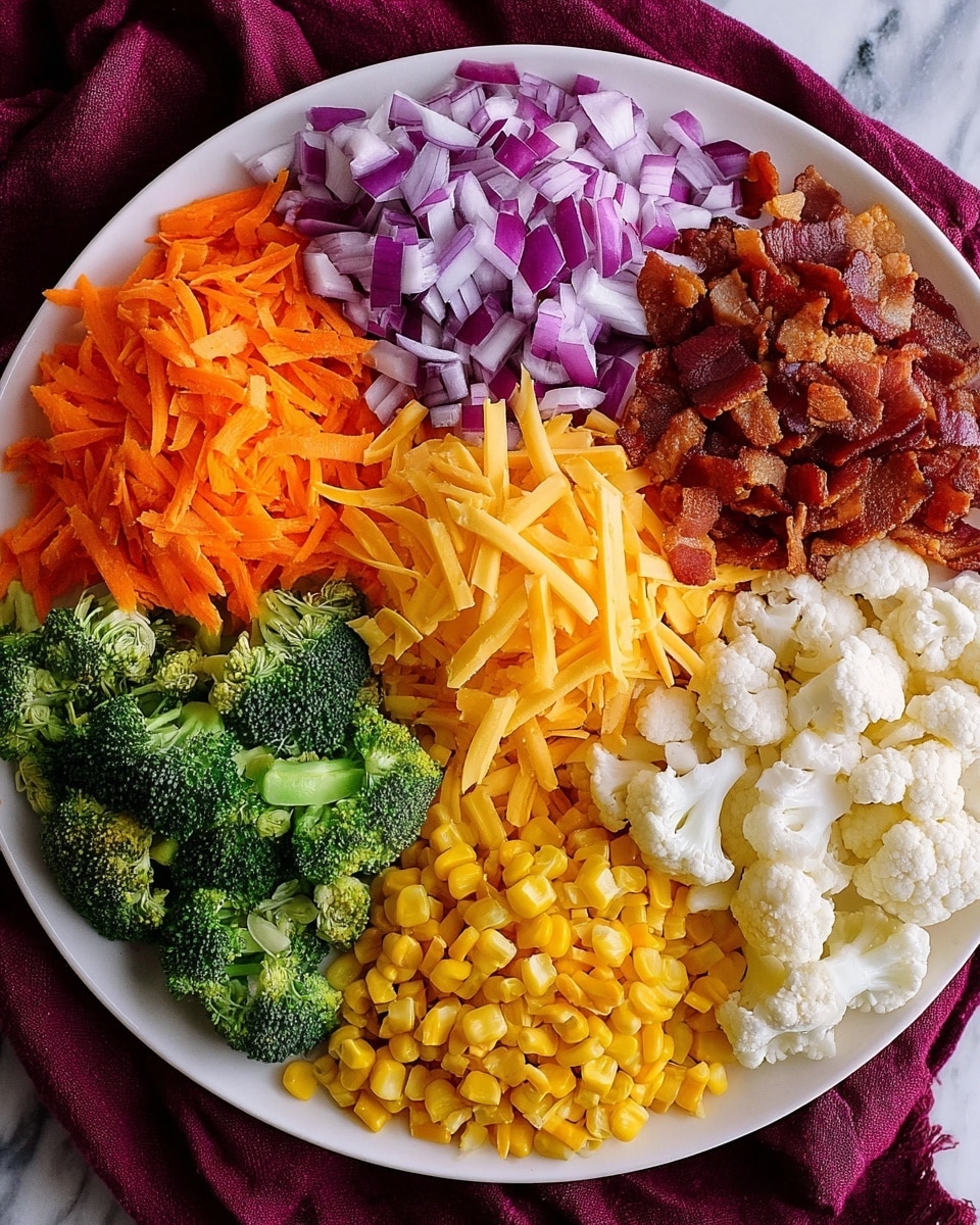 The image shows a white round plate divided into six sections with different ingredients. From top left going clockwise, there are bright orange shredded carrots with a rough texture, chopped purple onions with smooth, sharp edges, a pile of shredded yellow cheddar cheese, small crispy pieces of cooked brown bacon, white cauliflower florets with a bumpy texture, and bright yellow corn kernels. In the bottom left section, there are fresh green broccoli florets with a textured surface. The plate is set on a dark reddish cloth on a white marbled surface. Photo taken with an iphone --ar 4:5 --v 7