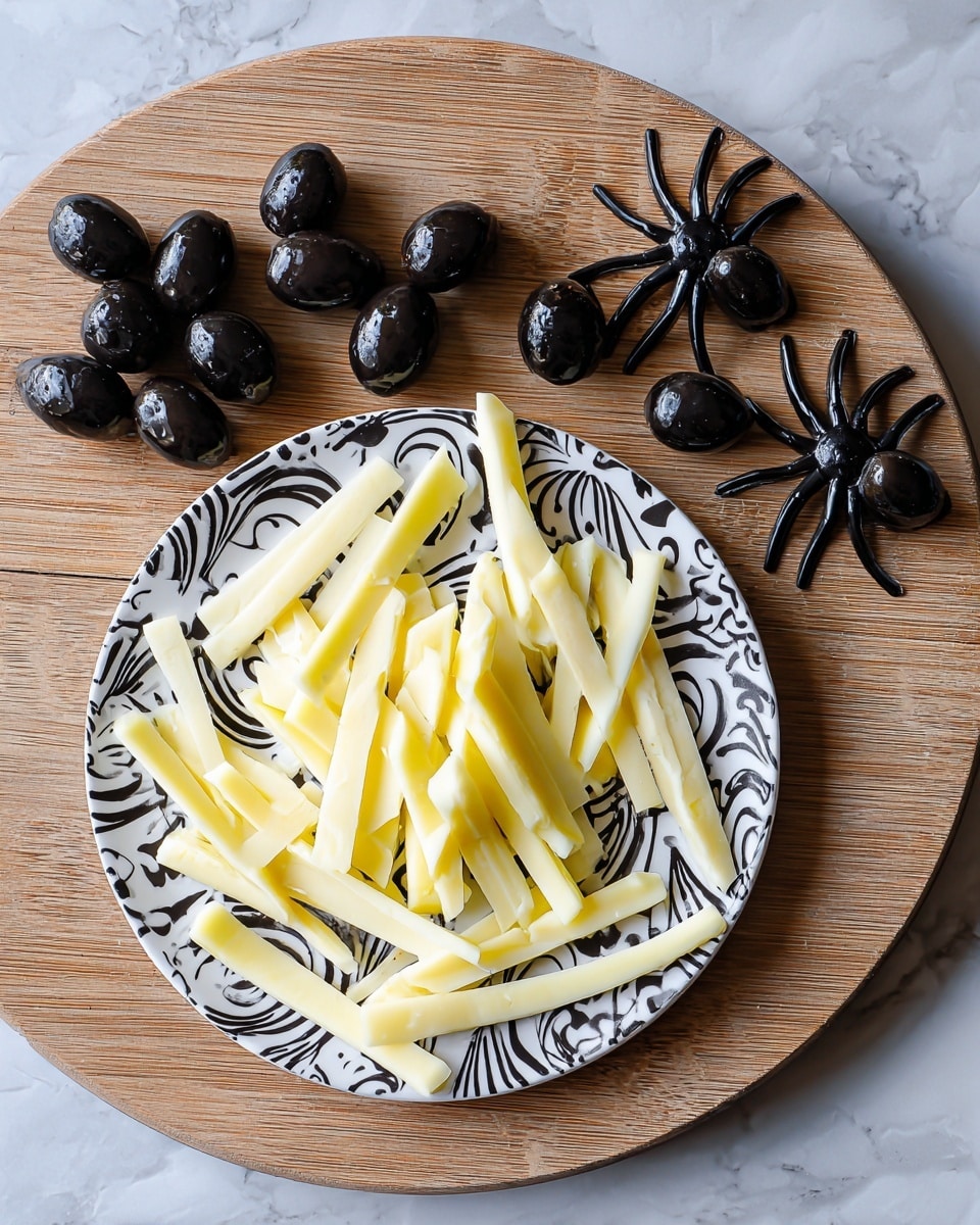 On a wooden board, there is a white plate with black swirly patterns filled with light yellow sticks that look like peeled cheese or vegetables, arranged in two loose piles on the right side. On the left side of the board, whole black olives and some cut black olive pieces are arranged to form spider shapes with round olive bodies and curved olive leg slices spreading out. The surface under the board is a white marbled texture. photo taken with an iphone --ar 4:5 --v 7
