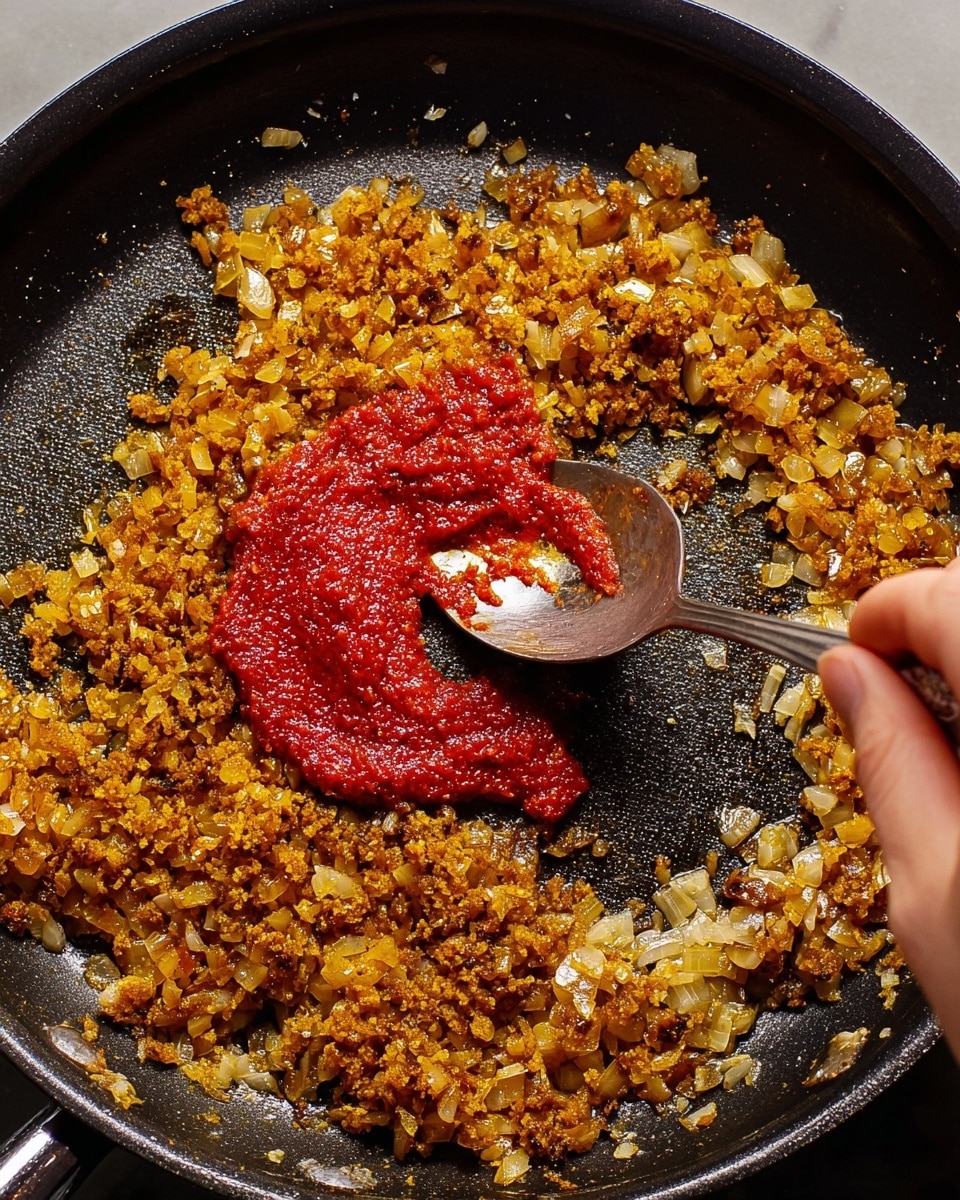 In the black frying pan, there is a spread of finely chopped golden-brown onions and spices forming the first layer that covers most of the surface, giving a crispy texture. In the center, a bright red thick paste is being added with a silver spoon held by a woman's hand, creating a vivid contrast with the brown and black around it. The spoon is slightly above the pan, blending the layers visually. photo taken with an iphone --ar 4:5 --v 7