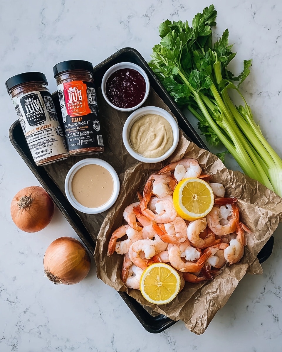 A black tray with crumpled brown paper holds a pile of pink and white cooked shrimp with orange tails, topped with two lemon halves placed on top and near the shrimp. On the tray, there are three white small bowls filled with a light creamy sauce, a beige paste, and a dark red sauce. Beside the tray are two clear spice containers labeled with colorful branding, one with red and the other with black and white, sitting next to a bunch of green celery stalks with leaves and a brown onion on a white marbled surface. Photo taken with an iphone --ar 4:5 --v 7