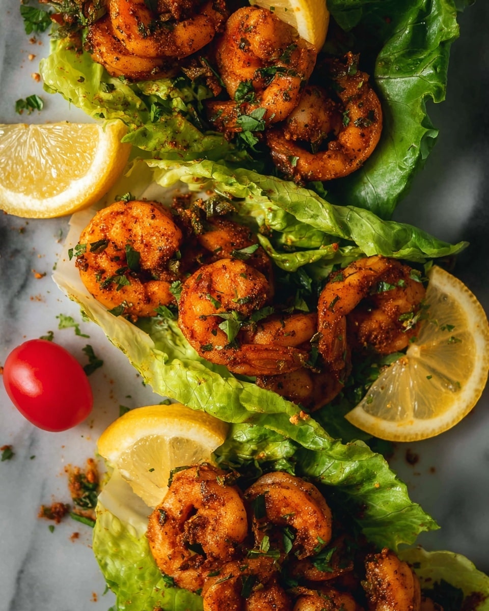 This image shows three shrimp wraps placed on a white marbled surface. Each wrap has a base layer of fresh green lettuce leaves, topped with several orange shrimp seasoned with spices and finely chopped herbs. Thin lemon slices are partially placed under and around the wraps, adding a yellow contrast. A single red cherry tomato sits near the bottom left wrap, adding a bright pop of color. The shrimp appear textured with a slightly crispy look, and small bits of green herbs and spices are scattered over the dish. photo taken with an iphone --ar 4:5 --v 7