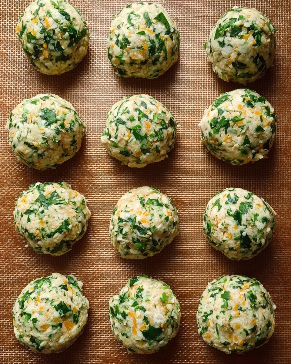 The image shows twelve round dough balls made with a mixture of chopped green herbs and white dough, arranged in three rows on a brown textured baking mat. Each dough ball has a rough texture with visible pieces of green leafy herbs and orange bits mixed evenly throughout. The dough balls are spaced evenly, with slight variations in their shape and size, giving them a homemade look. The surface they rest on has a warm, natural brown color and grid-like texture. photo taken with an iphone --ar 4:5 --v 7
