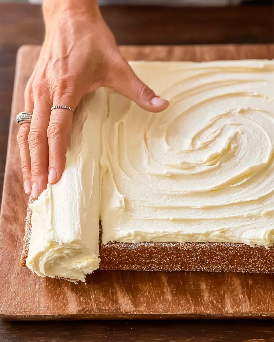 The image shows a square brown cake layer with a rough texture lying flat on a wooden surface. The cake is covered evenly with a smooth, creamy white frosting that is spread thickly all over the top. A woman's hands with silver rings are gently rolling the cake from the left side, creating a spiral as the cake curls inward, revealing the layers forming inside. The focus is on the rolling action and the thick creamy layer against the soft brown cake. Photo taken with an iphone --ar 4:5 --v 7