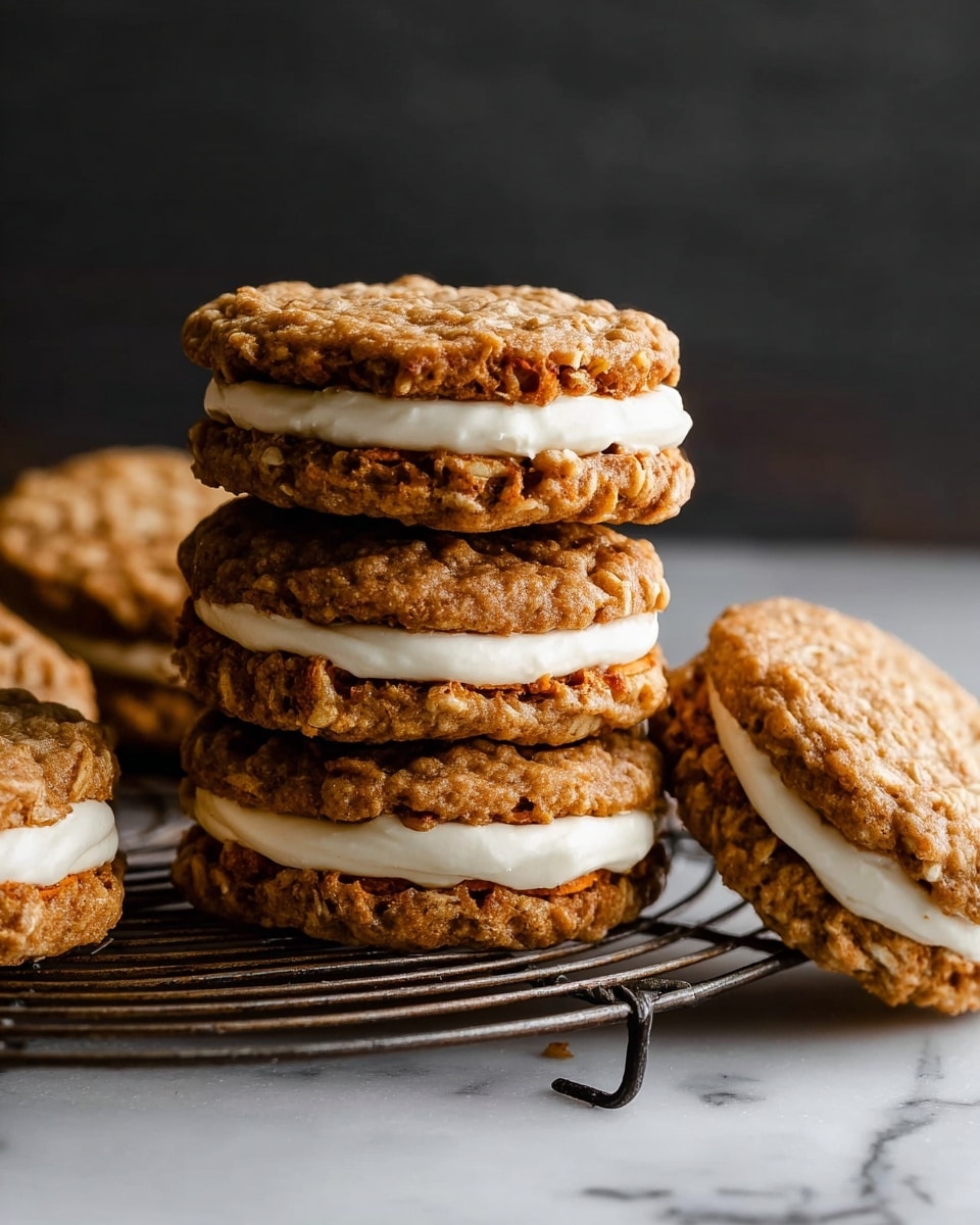 There are three sandwich cookies stacked on top of each other on a round metal cooling rack. Each cookie sandwich has two thick, rough-textured oatmeal cookies with visible oats and bits inside. Between the cookies, there is a smooth, thick layer of creamy white filling. To the right, there are more cookie sandwiches, some lying flat and some leaning. The whole scene sits on a white marbled surface with a blurred dark background. photo taken with an iphone --ar 4:5 --v 7