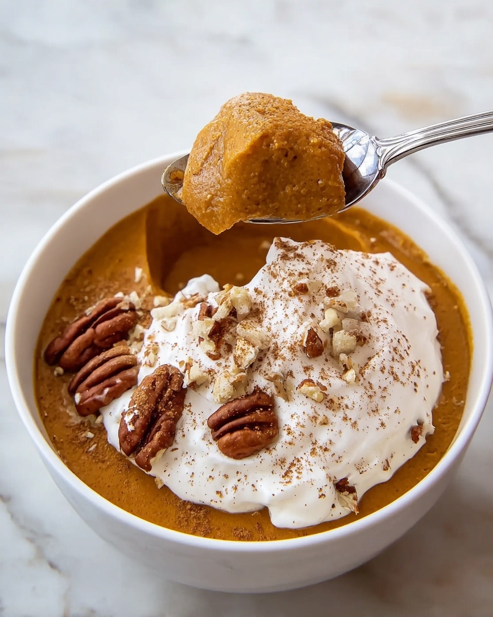 A white bowl holds two layers: the bottom layer is a smooth, orange-brown pumpkin pudding with a soft texture, topped with a thick dollop of white whipped cream sprinkled with light brown cinnamon powder. Scattered on top of the whipped cream and pudding are uneven pieces of toasted pecans, adding texture. A spoon is lifting a scoop from the bowl, showing the pumpkin pudding and whipped cream mixture with pecans on top. The bowl is placed on a white marbled surface. photo taken with an iphone --ar 4:5 --v 7
