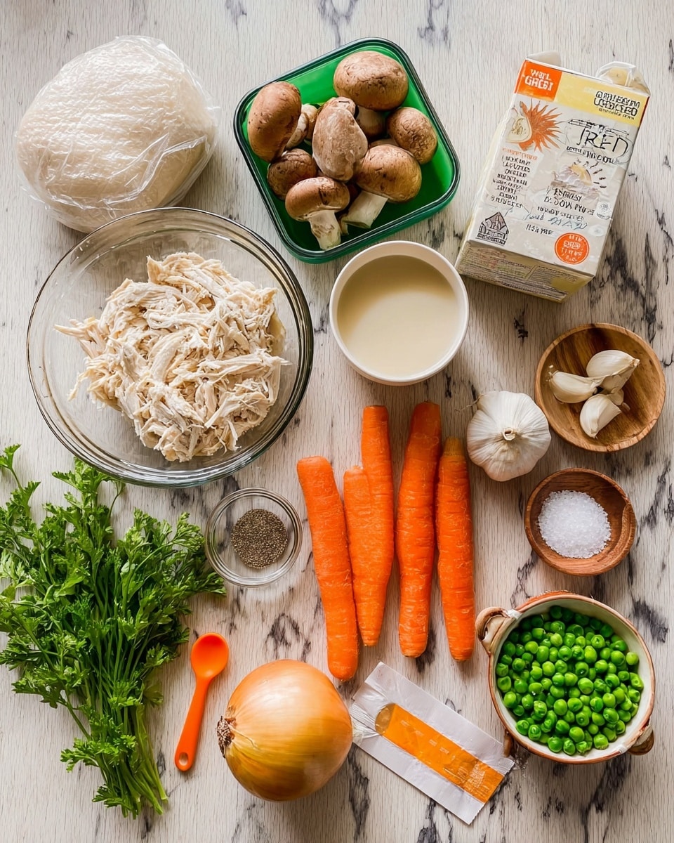 The image shows many ingredients on a white marbled surface arranged neatly. There is a clear glass measuring cup filled with shredded cooked chicken on the left, next to it is a wrapped dough ball covered in plastic wrap. Above is a green plastic container holding whole brown mushrooms. To the right side, a carton of chicken stock is angled with a small clear cup of cream in front of it. Below are two whole orange carrots placed parallel, a large yellow onion below the mushrooms, and two garlic cloves beside the carrots. There is a small wooden bowl with white salt and a small green ceramic bowl holding ground black pepper next to the garlic. In front, a clear measuring cup filled with green peas is also visible next to a bunch of fresh parsley. A small orange measuring spoon and a small paper-wrapped butter stick are placed near the shredded chicken. photo taken with an iphone --ar 4:5 --v 7