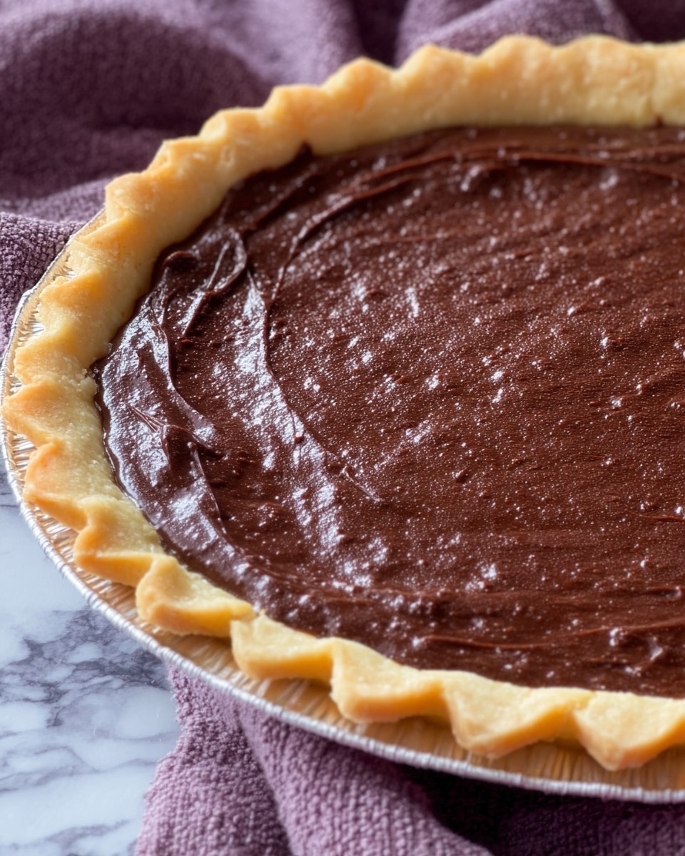 A close-up view of a chocolate pie with two visible layers: a light golden-brown crust forming the base and edges, with a scalloped pattern along the top rim, and a thick, smooth, dark brown glossy chocolate filling that covers the entire inside of the crust. The pie is in a foil pie pan, placed on a white marbled surface with a textured purple cloth partially around it. The photo taken with an iphone --ar 4:5 --v 7