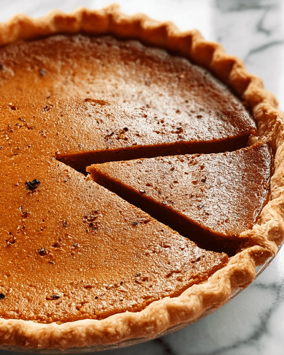 The image shows a freshly baked pumpkin pie with a smooth, slightly cracked orange-brown filling and small specks of spice visible throughout. The pie has a thick, golden-brown crust with a crimped edge all around. A single large slice is cut and slightly separated from the rest of the pie, showing the identical texture and color inside. The pie is set on a white marbled surface, and the light highlights the pie’s matte, slightly rough texture. photo taken with an iphone --ar 4:5 --v 7