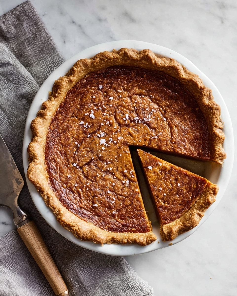A single-layer pie with a golden brown crust, slightly crimped on the edges, sits in a white pie dish. The pie filling is a rich brown, textured with small bubbles and a slightly cracked surface. It has been sprinkled with coarse salt flakes on top. A wedge-shaped slice is cut near the center front, creating sharp edges in the filling. The white marbled surface beneath adds a clean look, accompanied by a metal pie server with a wooden handle resting on a gray linen napkin beside the pie. Photo taken with an iphone --ar 4:5 --v 7